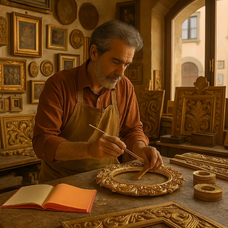 An artisan works by hand on a baroque-style frame in a traditional Tuscan workshop filled with carved wooden artworks.