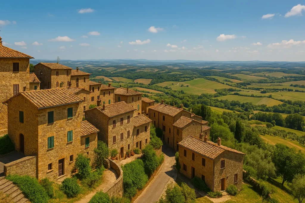 Atmospheric glimpse of a Tuscan village nestled in the countryside, with stone buildings, windows with green shutters, and rolling hills that fade into the mountains in the distance.
