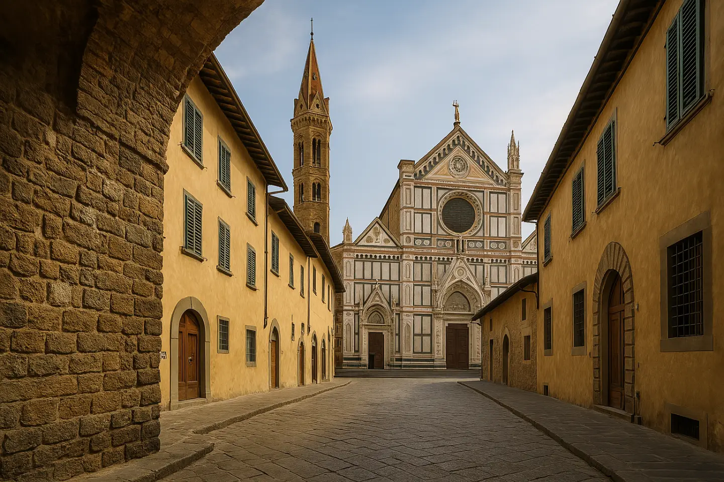 Vista panoramica di una via silenziosa nel quartiere Oltrarno di Firenze, con palazzi color ocra, persiane verdi e dettagli antichi. In fondo, la facciata della Basilica di Santa Croce invita alla scoperta di una Firenze fuori dai circuiti turistici.