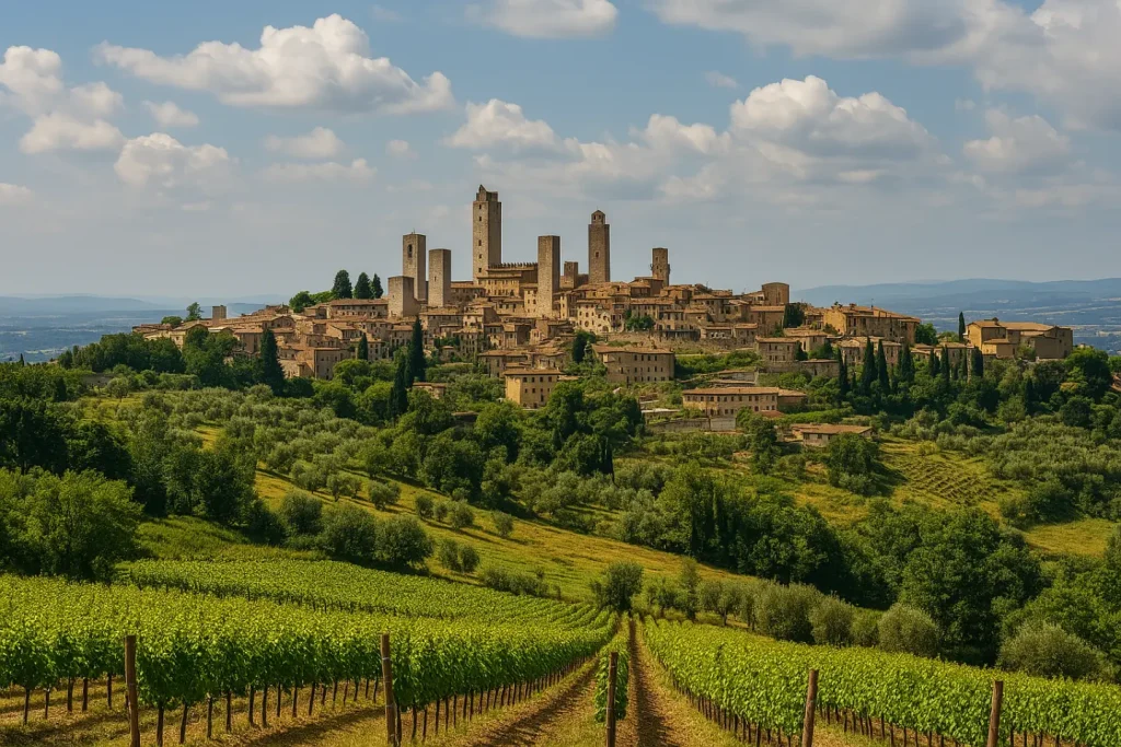 Panoramic image of San Gimignano with its medieval towers and foreground vineyards, set in Tuscany’s iconic rolling landscape.