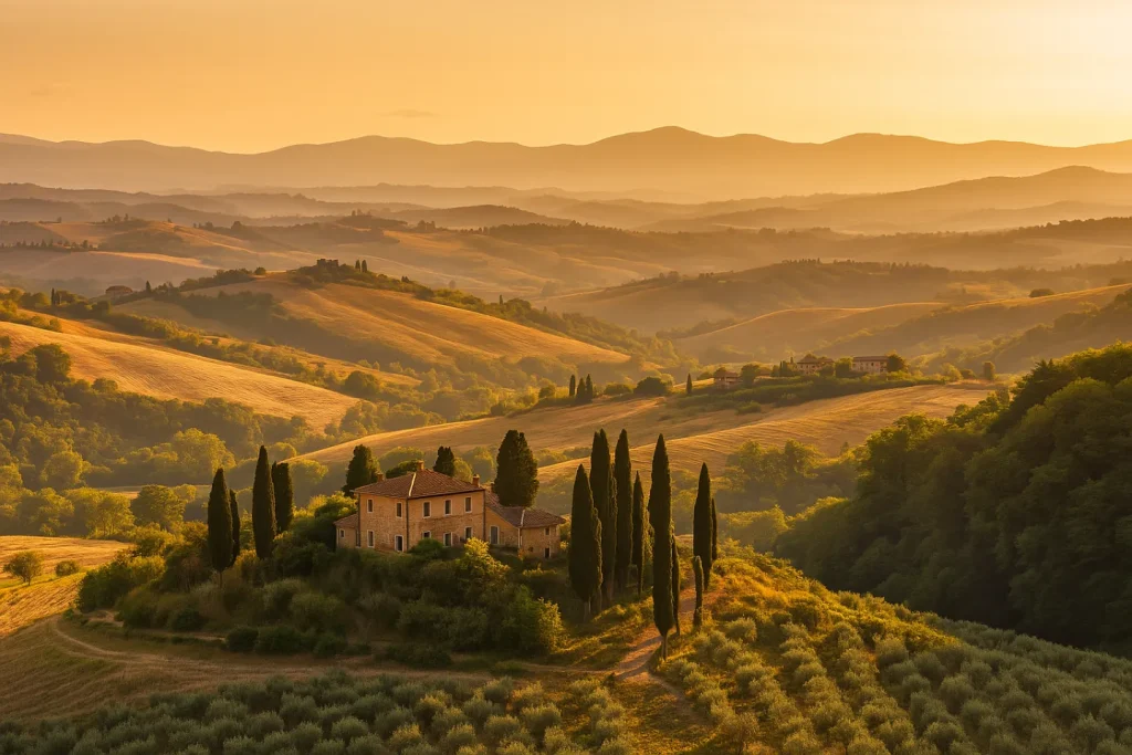 Sunset photo of Tuscan hills with a stone villa, cypress trees, cultivated fields, and golden light glowing over the peaceful landscape.