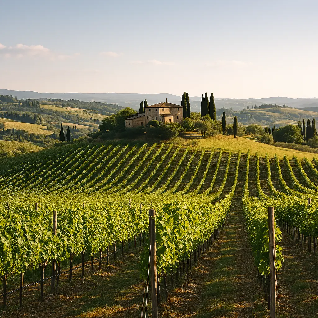 Fotografia ad alta risoluzione di un vigneto toscano al tramonto, con filari ordinati e una tenuta in pietra circondata da cipressi e uliveti.