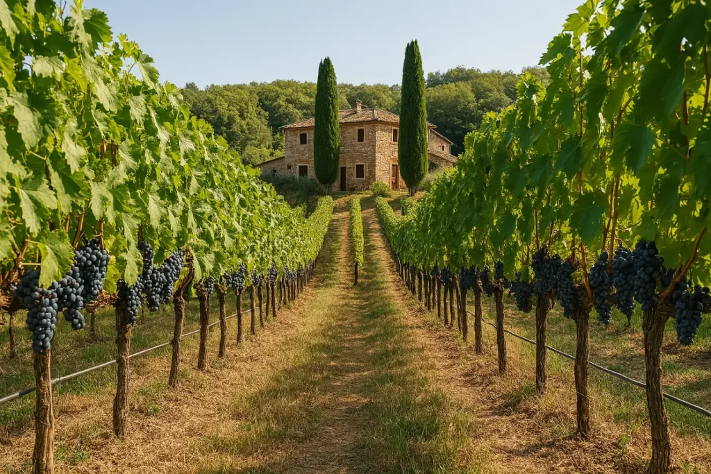 Fotografia panoramica di una strada sterrata tra vigneti che conduce a una villa in stile rustico, con cipressi ai lati e colline sullo sfondo.