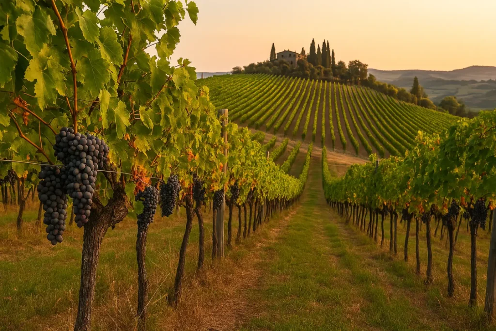 Immagine suggestiva delle colline toscane al tramonto, con filari di viti dorati, cipressi e una tenuta storica immersa nel paesaggio.