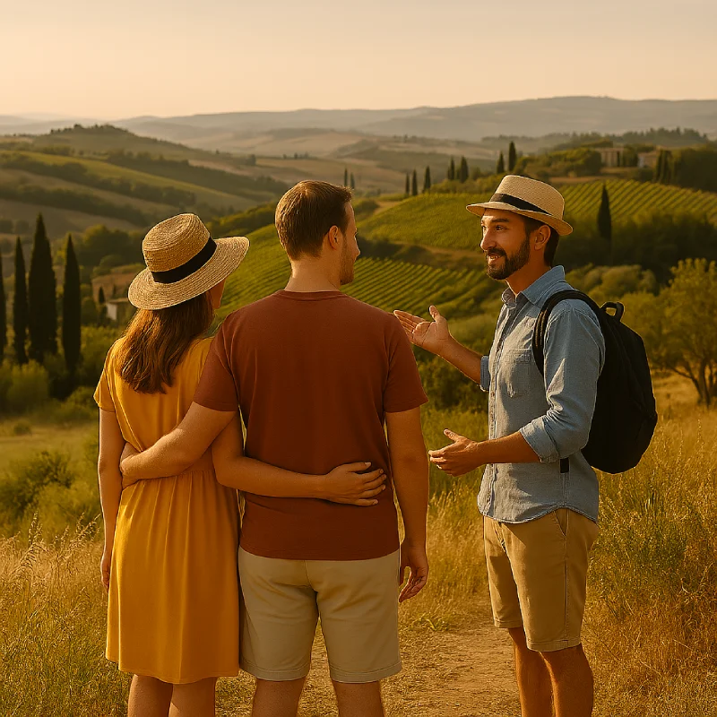 Una coppia ascolta la guida turistica mentre osserva i paesaggi collinari della campagna toscana al tramonto.