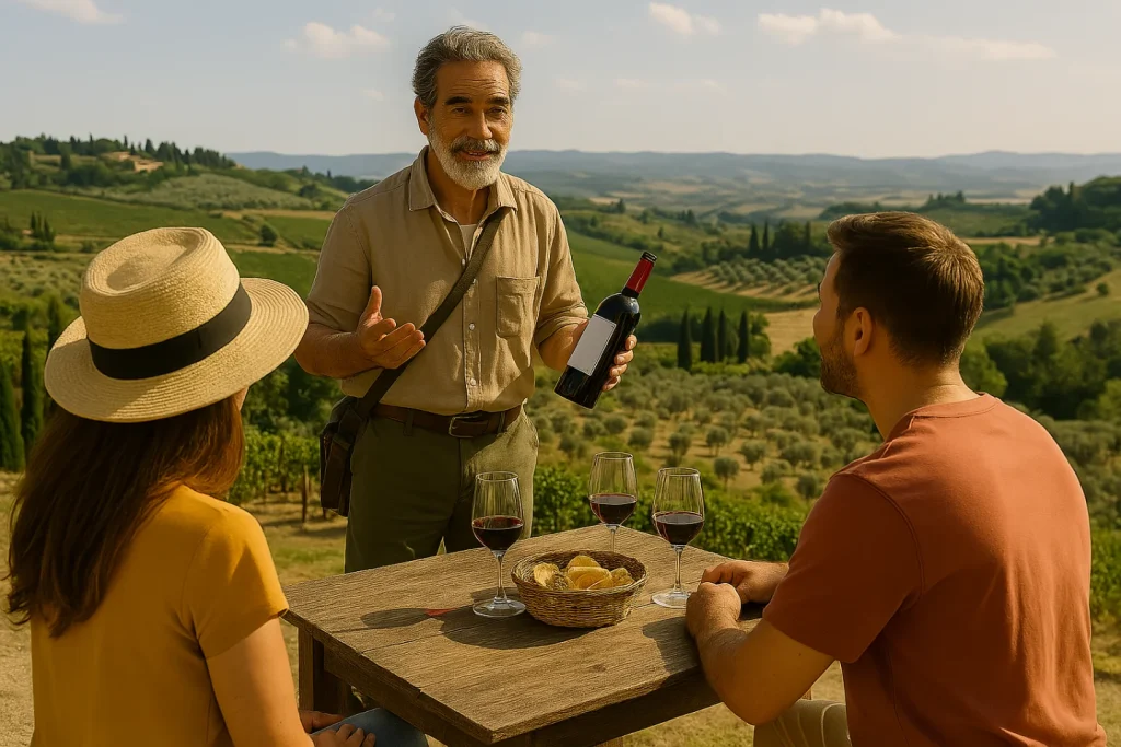 Un esperto locale presenta una bottiglia di vino rosso a due turisti seduti a un tavolo in mezzo alle colline toscane.
