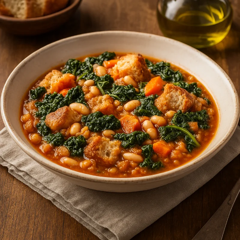 Primo piano di una ciotola fumante di ribollita toscana con cavolo nero, fagioli bianchi, carote e crostoni di pane rustico, accompagnata da una bottiglia d’olio.