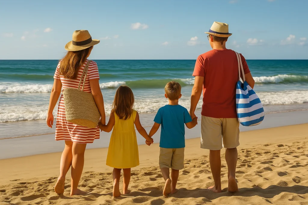 Famiglia di quattro persone di spalle che cammina sulla spiaggia toscana guardando il mare, in una giornata di sole estivo.