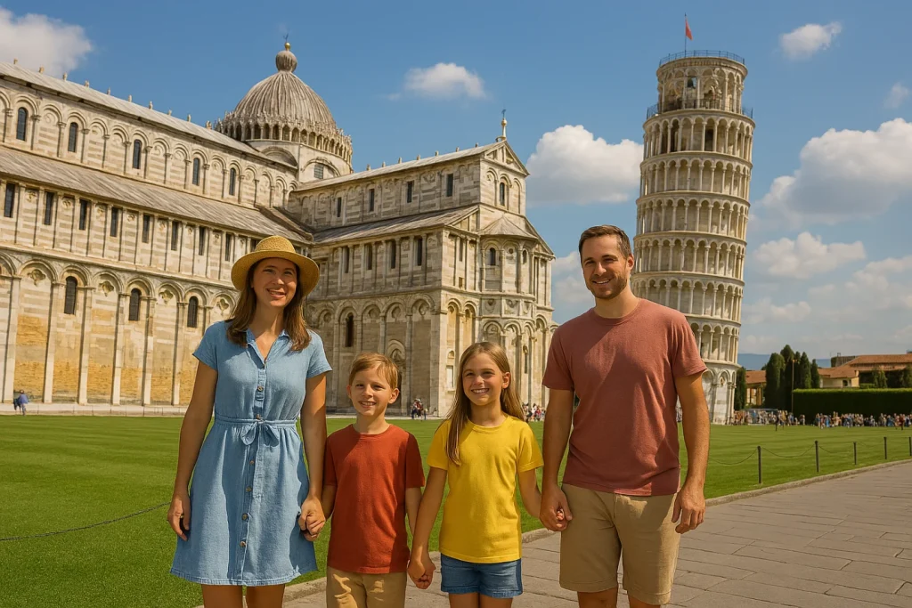 Famiglia con due bambini davanti alla Torre di Pisa e alla Cattedrale, sorridenti durante una gita in Toscana.