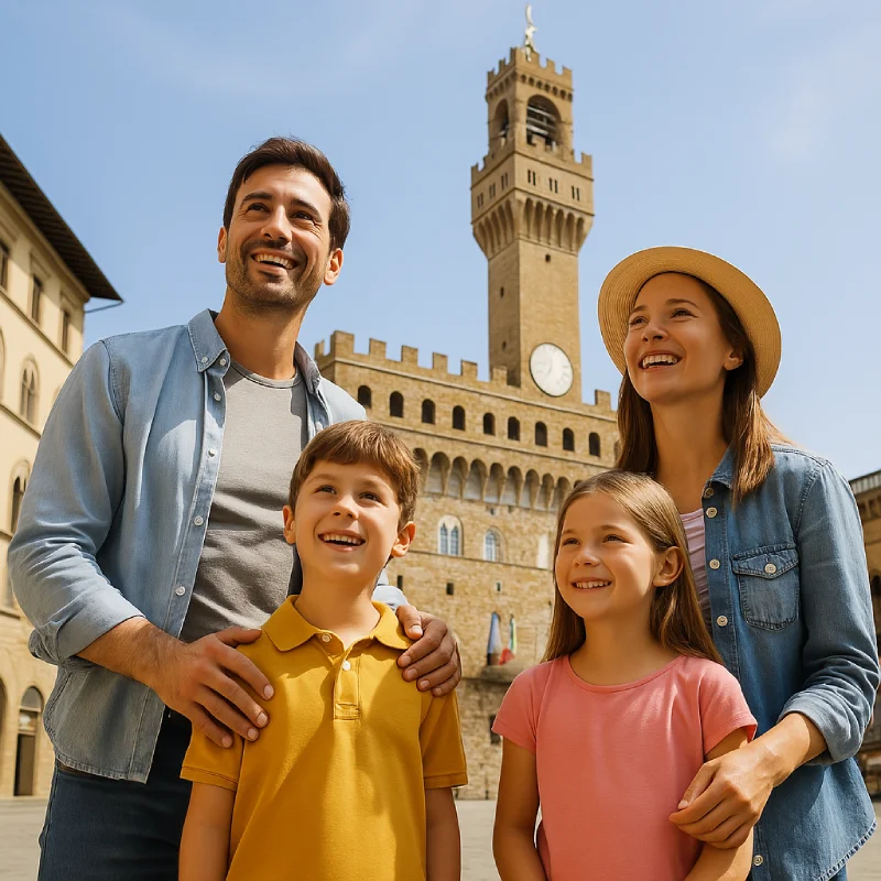 Famiglia con due bambini che sorride davanti a Palazzo Vecchio a Firenze durante un tour culturale in Toscana.