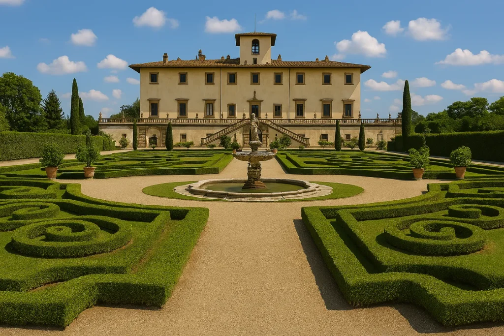 Giardino all’italiana con fontane e statue che conduce al Palazzo Pitti, con la città di Firenze sullo sfondo in un tramonto dorato.