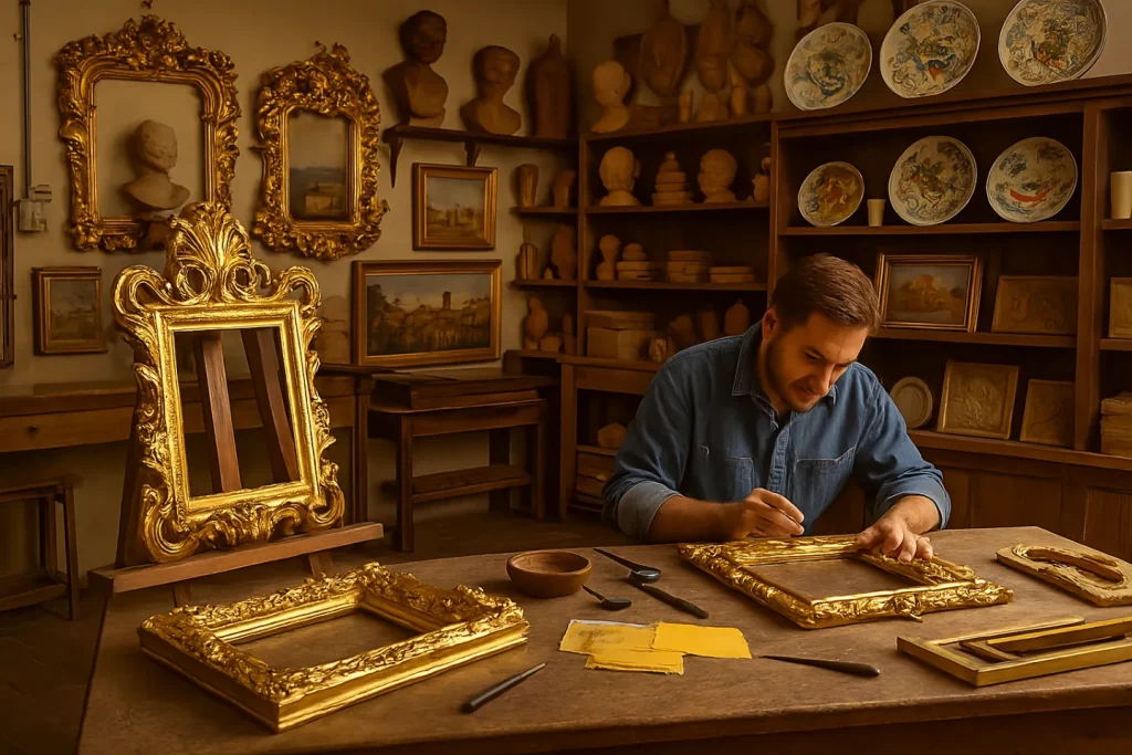 Young artisan working on a gilded frame inside a classic Tuscan workshop featuring ornate mirrors, busts, and wall ceramics.