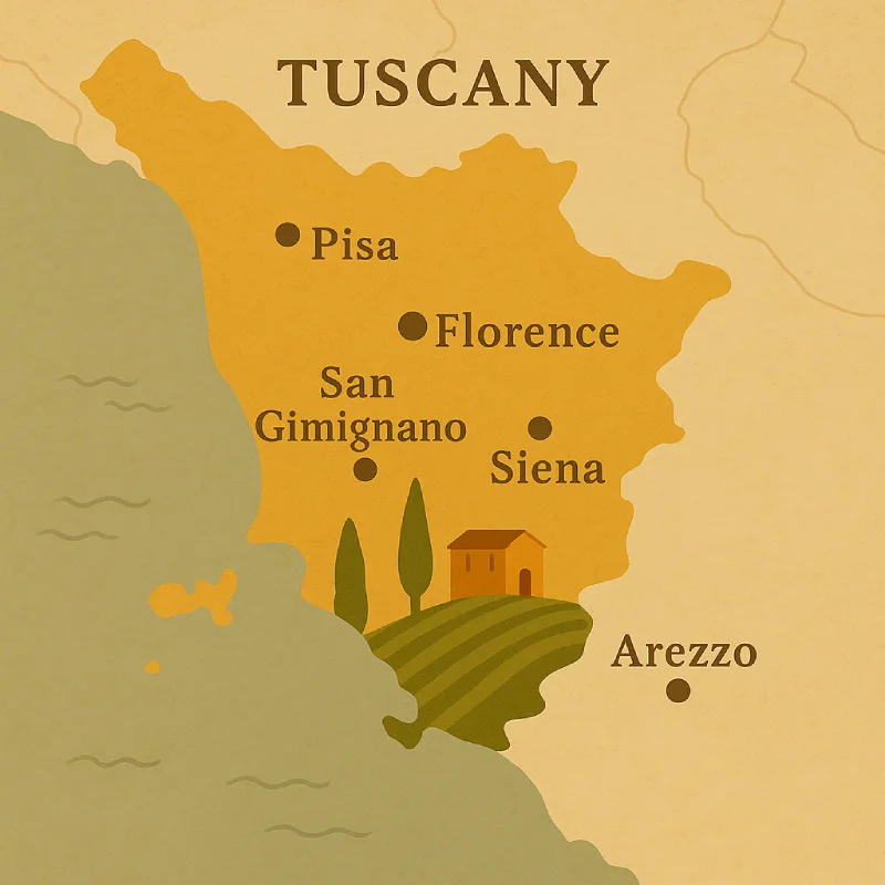 Mappa illustrata della Toscana con città come Firenze, Pisa e Siena