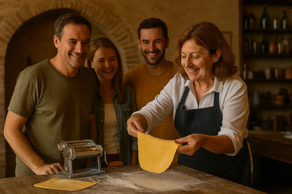 Una signora toscana insegna a un gruppo di visitatori a preparare la pasta fresca durante un corso di cucina tradizionale.
