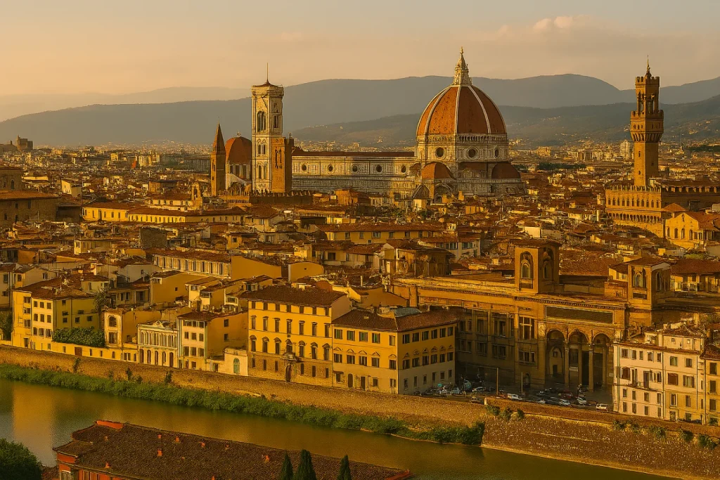 Vista panoramica di Firenze al tramonto con il Duomo di Santa Maria del Fiore, il fiume Arno e il Campanile di Giotto sullo sfondo