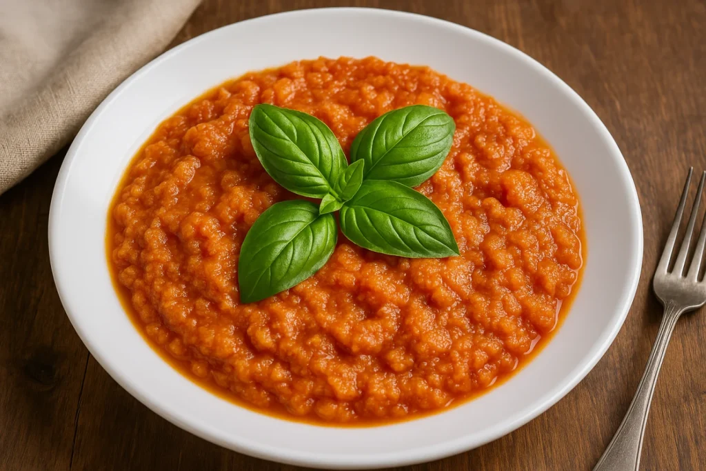 Piatto di pappa al pomodoro con texture densa e cremosa, sormontato da foglie di basilico fresco e posato su tavolo in legno.