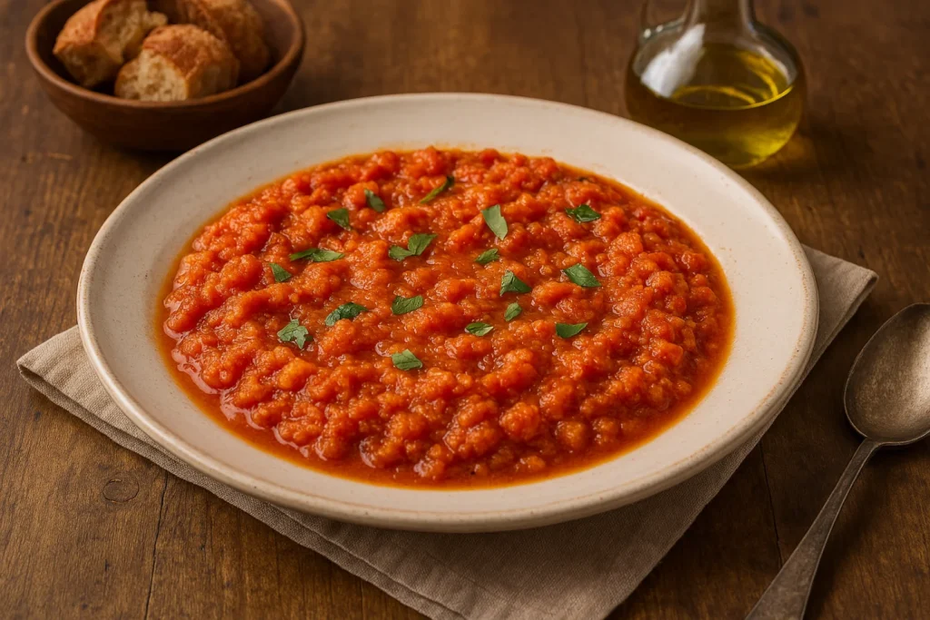 Piatto di pappa al pomodoro servito in una ciotola rustica, guarnita con prezzemolo fresco. Sullo sfondo, pane toscano e bottiglia di olio extravergine d'oliva.