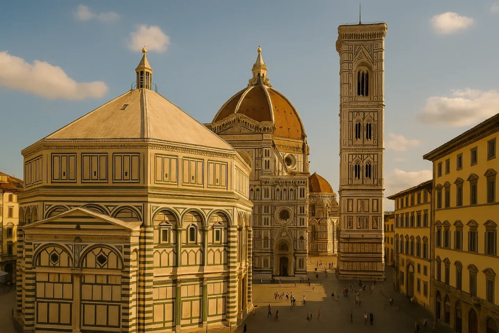 Full view of Piazza del Duomo in Florence featuring the Baptistery, Cathedral of Santa Maria del Fiore, and Giotto’s Bell Tower on a sunny afternoon