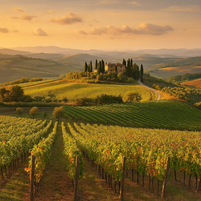 Fotografia ad alta risoluzione di una strada panoramica che attraversa le colline del Chianti, circondata da vigneti ordinati e filari di cipressi.