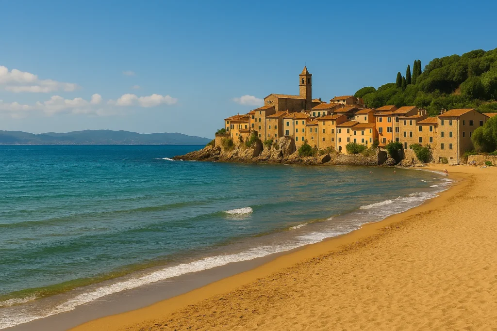 View of a Tuscan seaside village with golden beach and clear sea