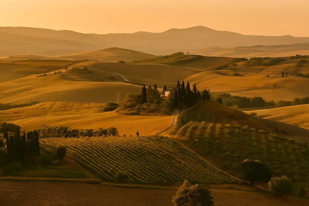Sunset landscape of Val d'Orcia hills in Tuscany