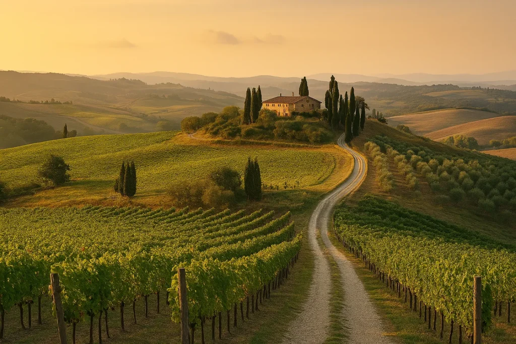 Immagine panoramica dei vigneti toscani al tramonto, con un borgo medievale in pietra all’orizzonte e colori caldi che avvolgono il paesaggio.