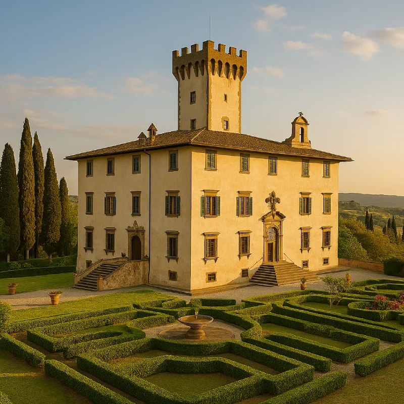 View of a Medici villa with a central tower and a symmetrical Renaissance garden at sunset, surrounded by the Tuscan hills.