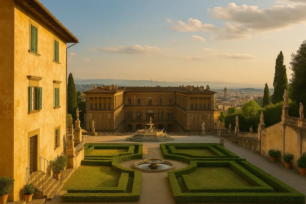 Prospettiva frontale di una villa medicea con giardino all’italiana, siepi scolpite e fontana centrale, in un contesto perfettamente simmetrico.