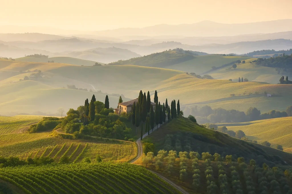 Fotografia scattata da Montefioralle con vista panoramica sulle colline del Chianti e vigneti che si estendono fino all’orizzonte.