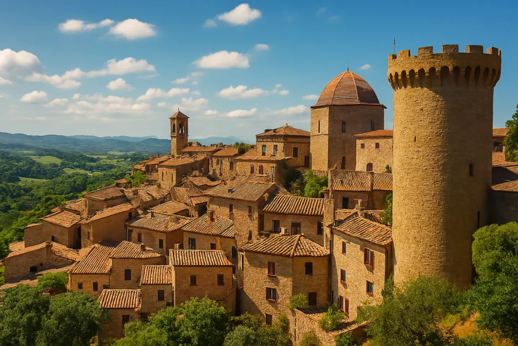 High-resolution photograph of a typical Tuscan village perched on a hill, surrounded by green natural landscapes, with stone towers and terracotta roofs, a symbol of authentic Tuscany.
