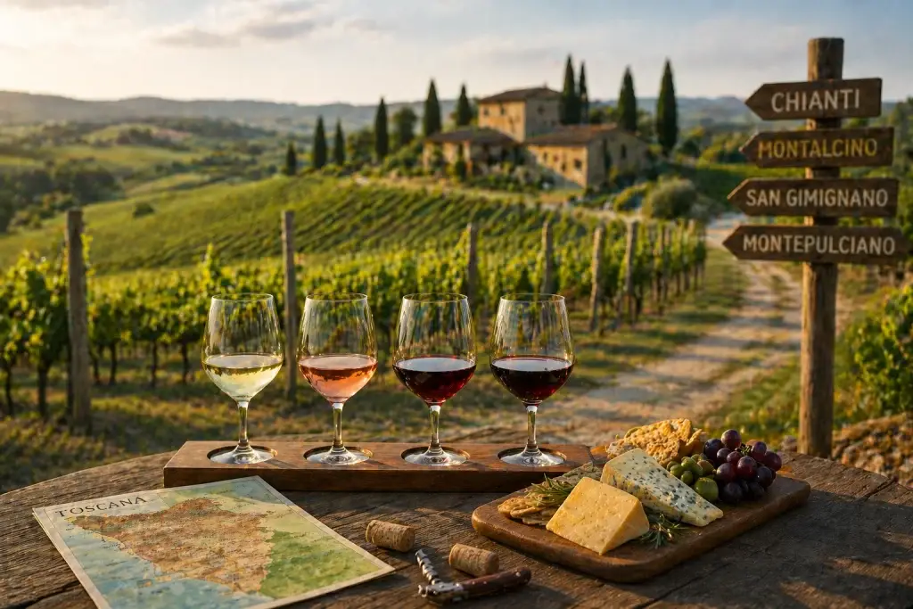 degustazione vini con mappa Toscana e bicchieri su tavolo in vigneto con indicazioni Chianti Montalcino