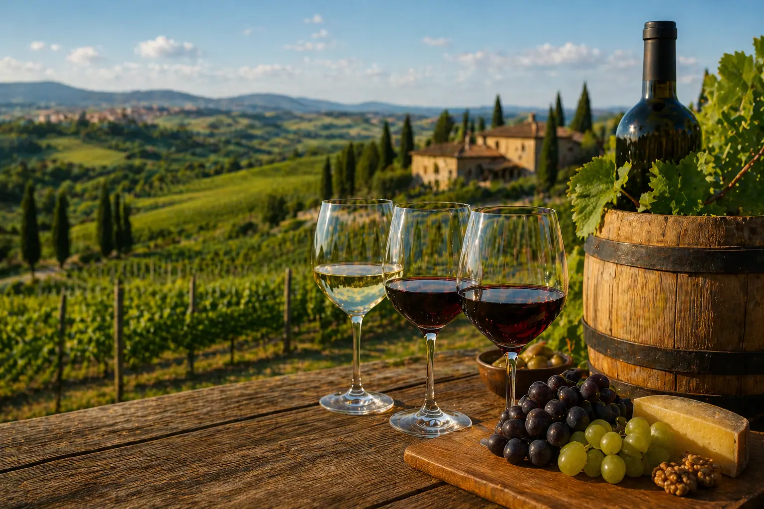 calici di vino rosso e bottiglia su tavolo con vista vigneti Toscana al tramonto