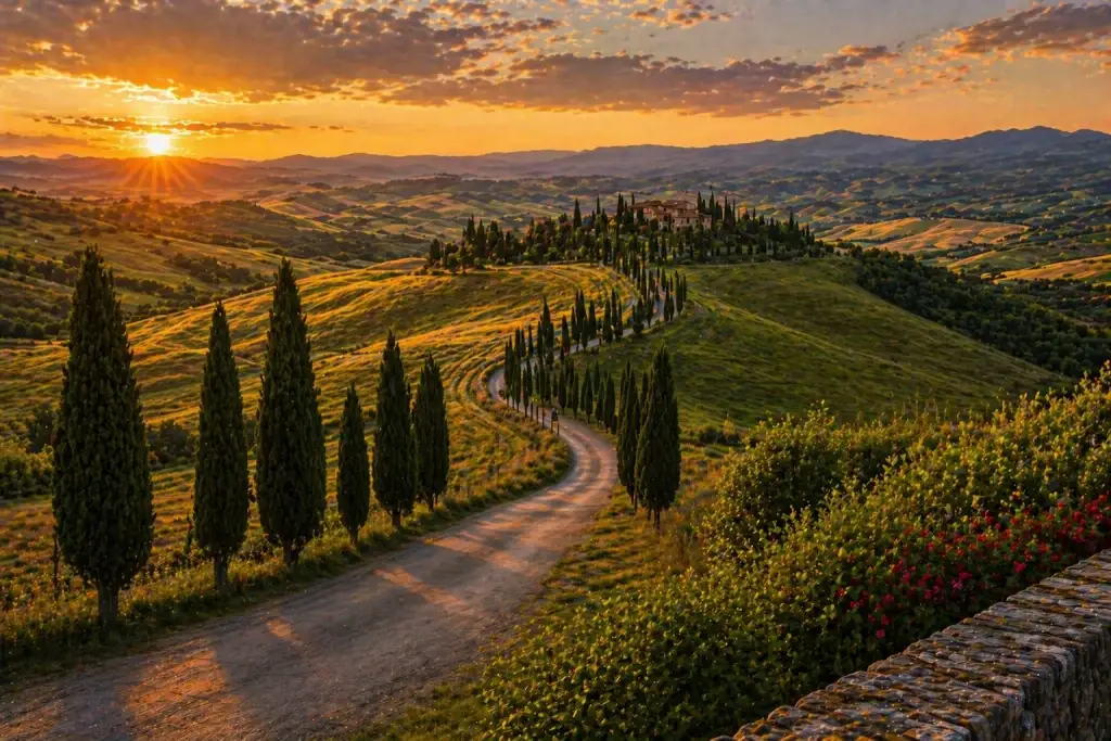 strada tra cipressi in Toscana con paesaggio collinare al tramonto nella Val d’Orcia