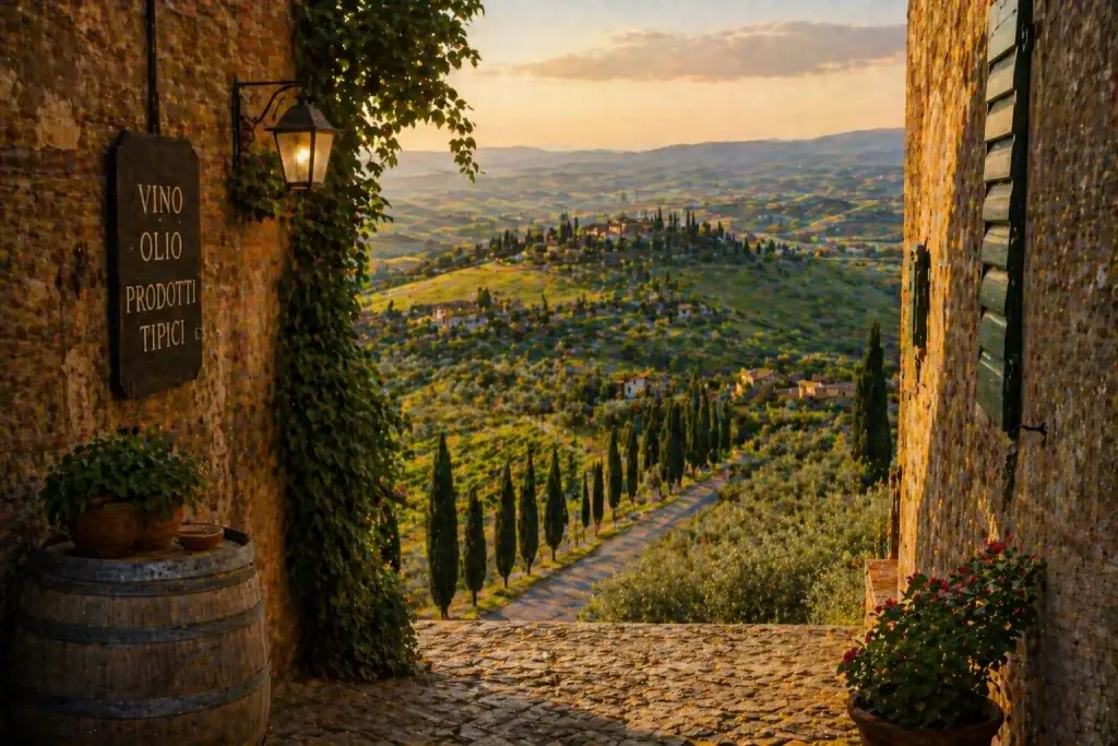 paesaggio toscano visto da un borgo con strada tra cipressi e colline al tramonto