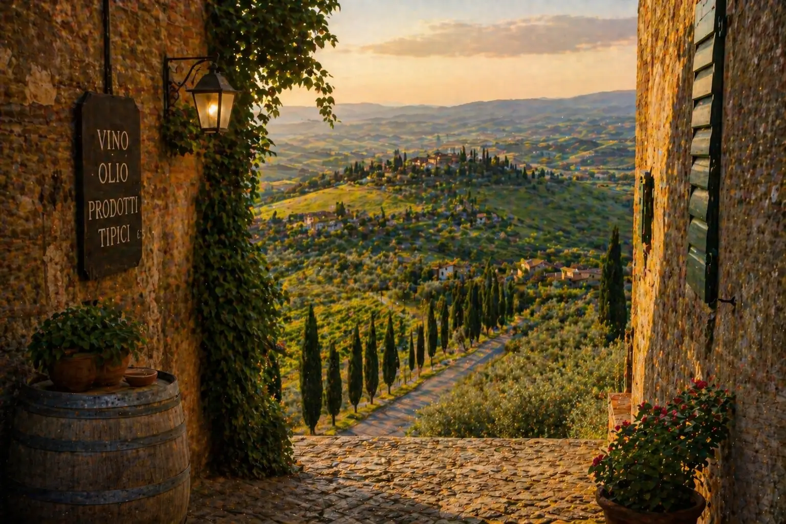 paesaggio toscano visto da un borgo con strada tra cipressi e colline al tramonto
