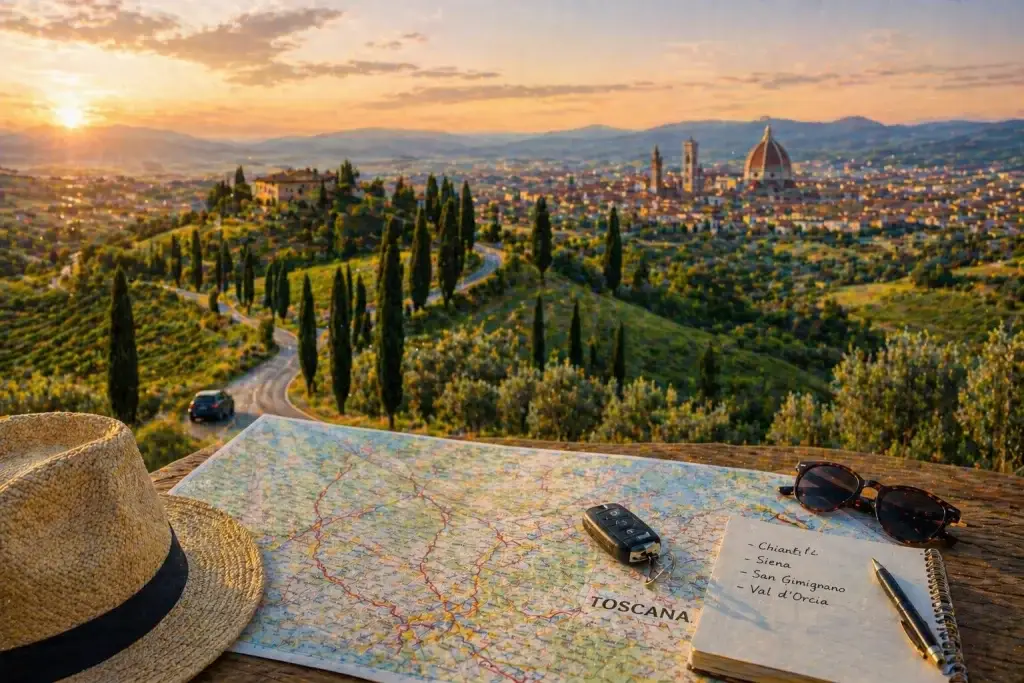 mappa della Toscana con vista su Firenze e colline per organizzare itinerario di viaggio