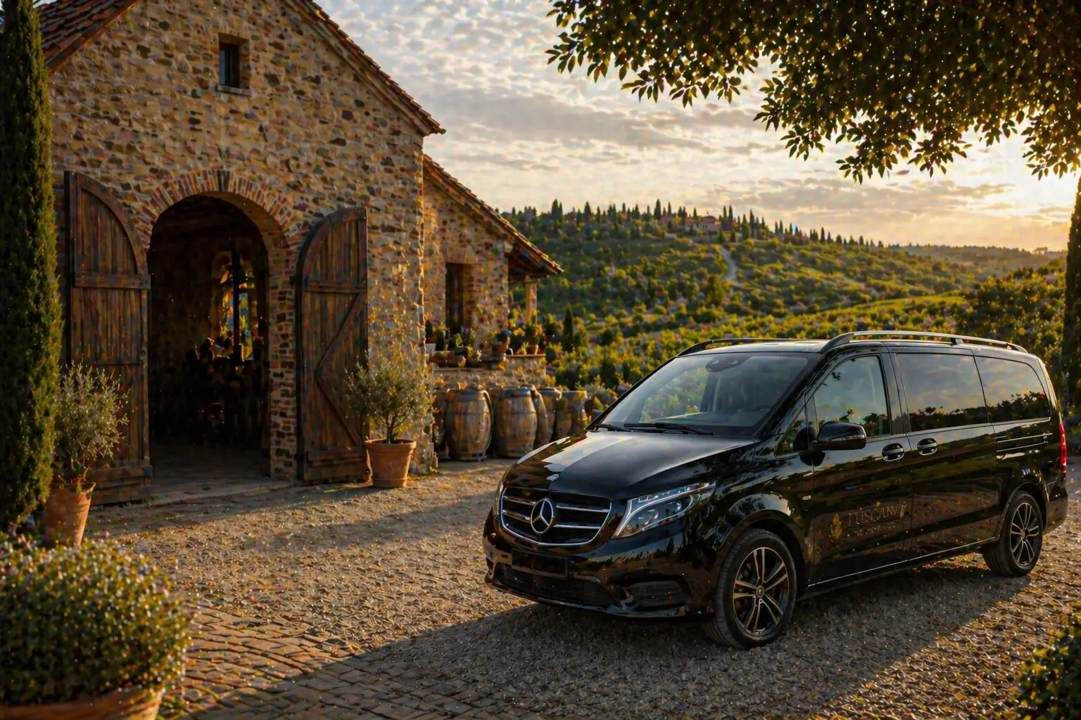 van con autista privato davanti a cantina in Toscana per wine tour tra vigneti