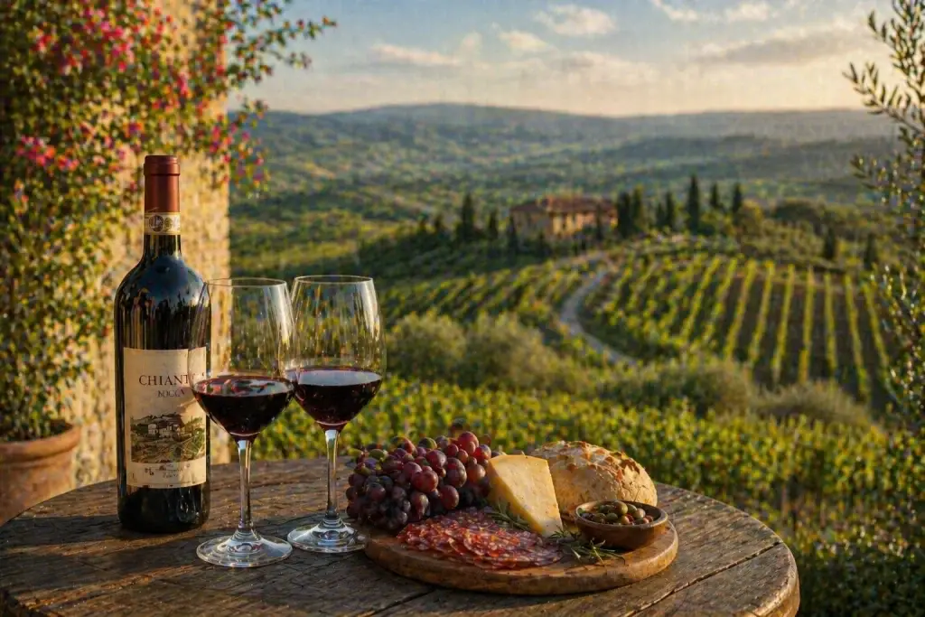 degustazione vino in Toscana con calici e prodotti tipici su tavolo con vista vigneti