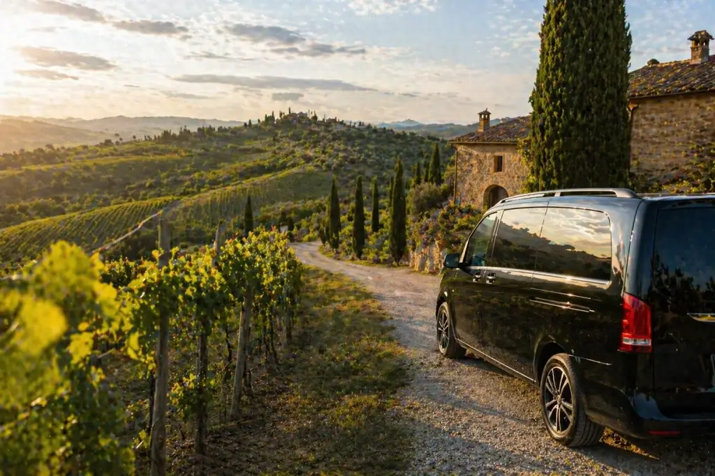 van su strada tra vigneti in Toscana con colline e cipressi per wine tour e spostamenti tra cantine