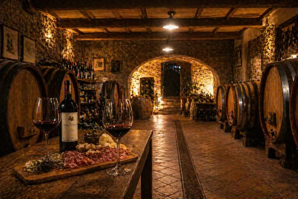 interno cantina toscana con botti in legno e degustazione vino su tavolo rustico
