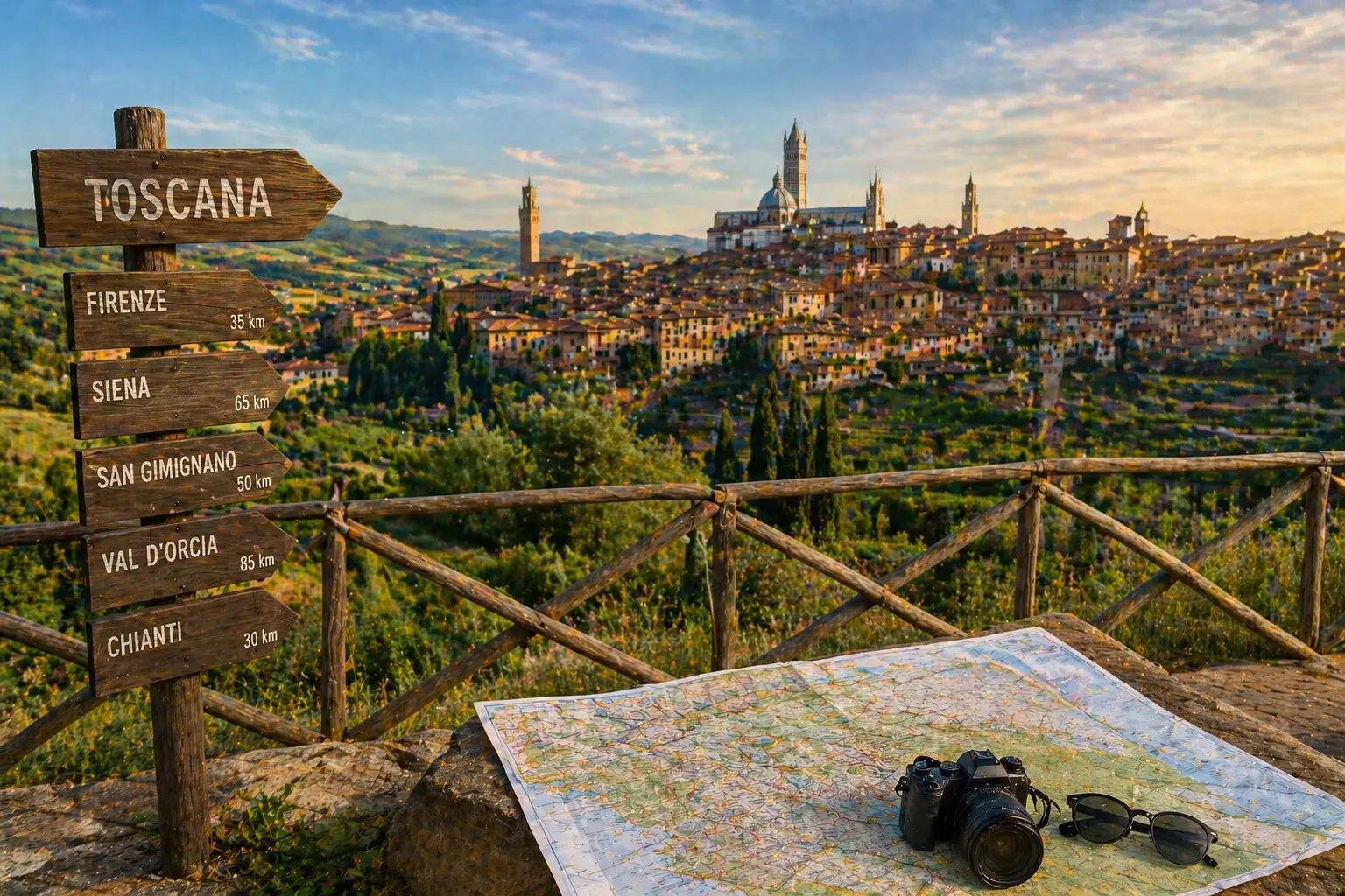 mappa della Toscana con vista panoramica su città e colline per pianificare itinerario di viaggio